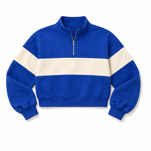Sweat-shirt court pour femme personnalisable bleu bleuet, coupe ample, demi-zip, en coton bouclé WHZCROP-0013 - Product Image 6