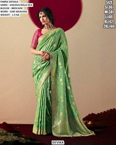 Devika Green Viscous Dola Silk Saree With Brocade <b>Blouse</b> Zari Work Wedding Wear Regular Fit Floor-Length Women's <b>Sari</b> - Product Image 1
