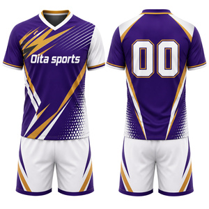 Uniforme de Voleibol Morado, Blanco y Dorado, Conjunto de Camiseta Sublimada de Manga Corta y Pantalones Cortos, Ropa Deportiva para Equipo, Entrenamiento y Partidos - Product Image 1
