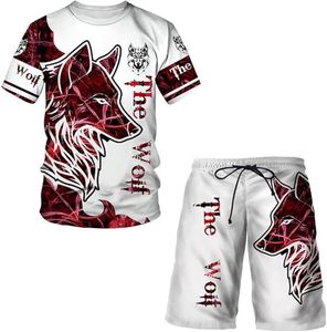Ensemble de shorts décontractés pour homme, motif loup, taille mi-haute, tricoté, avec cordon de serrage, motif animalier, respirant, 100 % polyester, pour la plage - Product Image 1