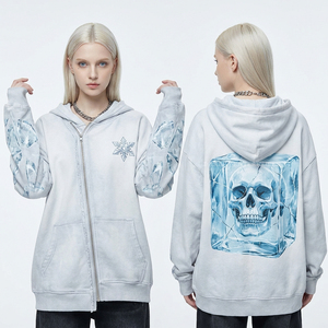 Sudadera con Capucha de Calavera Cyberpunk Neón para Mujer, 400GSM, Lavado Ácido, Azul Marino, Gráfico Urbano Futurista, Estilo Vaporwave, Top Oversize Streetwear - Product Image 6