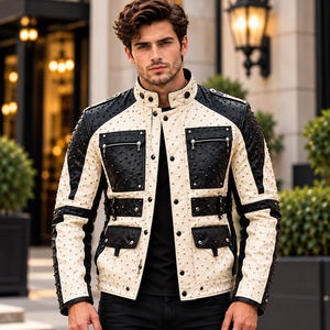 Chaqueta de Motero de Cuero con Tachuelas para Hombre, Estilo Invernal |   Cuello alto, múltiples bolsillos y forro de seda premium - Product Image 1