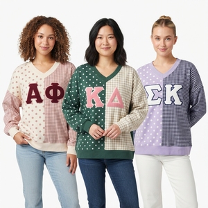 <b>Women's</b> Light Blue <b>V</b>-<b>Neck</b> Oversized <b>Sweatshirt</b> With Floral Lambda Chi Alpha Applique Full Sleeve Knitted Cotton Autumn Wear - Product Image 4