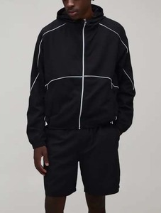 Men's Black Hooded <b>Track</b> <b>Jacket</b> With White Trim Sporty Style Breathable Polyester Summer Outerwear Set - Product Image 2