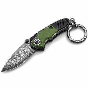 Cuchillo de Damasco Hecho a Mano con Llavero, Cuchillo Plegable Portátil, Cuchillo Utilitario Pequeño con Soporte para Llavero, Diseño Compacto - Product Image 5