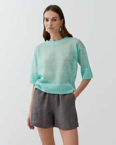 เสื้อไหมพรมสีเขียวมิ้นท์สำหรับผู้หญิง แขน 3/4 คอกลม สไตล์ลำลอง เสื้อคลุมฤดูร้อน น้ำหนักเบา ระบายอากาศได้ดี ผ้าลินิน แขนเสื้อลายดอกไม้ - Product Image 2