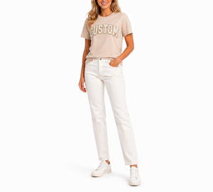 T-shirt pour femme, beige, col rond, manches courtes, coupe classique, décontracté, imprimé pailleté, design avec lettres, utilisable toute l'année - Product Image 5