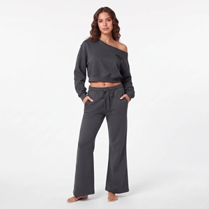 Women's Two Piece Set Sloughy Shoulder Crop Top Full Sleeve Cotton Fleece <b>Wide</b> <b>Leg</b> <b>Jogger</b> Solid Color Casual Loose Fit - Product Image 1