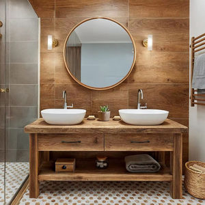 Mueble de Baño con Doble Lavabo, Gabinetes con Cajones de Almacenamiento y Estante Abierto, Mueble Lavabo para Hogar Moderno y Baños de Resortes - Product Image 1