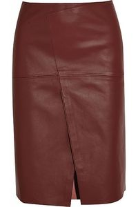 Jupe midi droite en similicuir pour femme avec fente avant, design minimaliste, couleur beige, taille normale, à porter toute l'année - Product Image 5