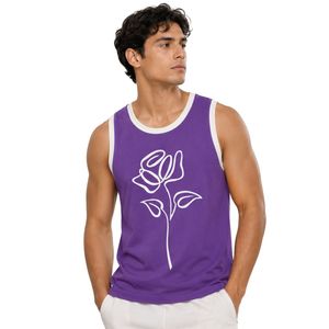 Camiseta sin mangas morada y blanca con diseño minimalista de estampado floral, chaleco de algodón personalizado para hombre, cuello redondo, ropa informal de verano para la calle - Product Image 1
