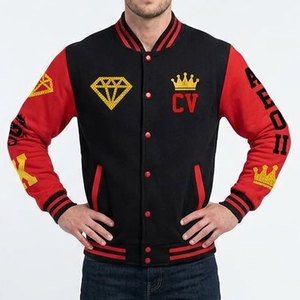 Chaqueta Varsity de Alta Calidad Personalizada para Hombre, Color Negro y Rojo, Estilo Hip Hop, Bordada, con Botones a Presión, Chaqueta de Béisbol - Product Image 1