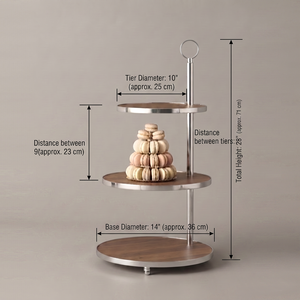 Elegante soporte para pasteles de 3 niveles con niveles redondos de madera sobre un marco plateado elegante con asa en forma de lazo, ideal para exhibir en buffets. - Product Image 3