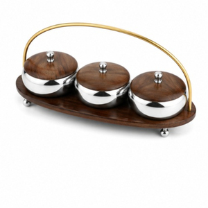 Élégant coffret à fruits secs en métal bicolore avec plateau de service en bois ondulé et 3 bols à bonbons à couvercles, pour servir des noix et des en-cas décoratifs - Product Image 5