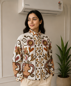 Elegante y transpirable bomber Suzani de terciopelo de algodón puro, con estampado floral de hojas de Jaipur, estilo boho artesanal, para exportación B2B, moda hecha a mano. - Product Image 3
