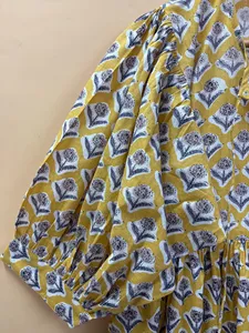Vintage Yellow Floral Block Print Cotton Midi <b>Dress</b> with Puff Sleeves Tie-Neck <b>Loose</b> Fit Casual Summer <b>Dress</b> For Women - Product Image 5