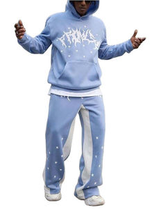 Premium <b>Light</b> Blue Hooded Tracksuit Set With <b>Star</b> Print Loose Fit Streetwear Joggers Full Length Cotton Sweatshirt And Pants - Product Image 2