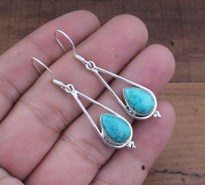 Boucles d'oreilles pendantes en turquoise naturelle, plaquées argent sterling 925, bijoux de luxe pour mariage, forme goutte d'eau, vente en gros pour femmes - Product Image 5