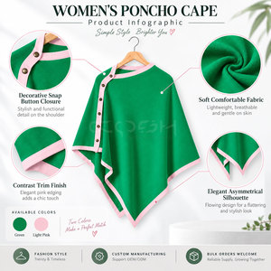 Poncho vert Cosh International Sisterhood Sorority avec bordure rose et fermeture à boutons, pull tricoté décontracté sans manches à col rond - Product Image 6