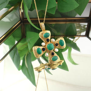 Hypoallergenic <b>necklace</b> green onyx <b>black</b> cz accents <b>cross</b> pendant with pearl 18k gold plated designer texture metal <b>necklace</b> - Product Image 4