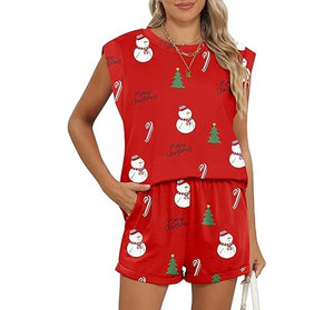 2 Piece Women's Lightweight Matching for Sets 100% Cotton Breathable Cap Sleeve Top and Elastic Waist Shorts - Product Image 1