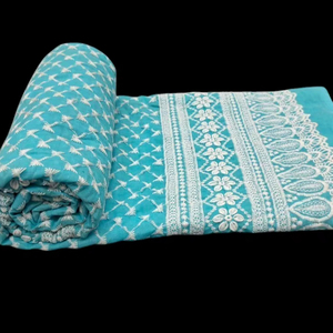 Tissu en coton Schiffli bleu ciel de qualité supérieure – Bordure florale complexe et broderie Buti en losanges – Coton respirant - Product Image 1