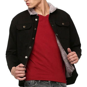 Veste en jean noire pour homme avec col en fausse fourrure, style décontracté, coupe classique, fermeture à boutons, vêtement d'automne - Product Image 2