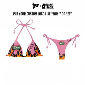 Premium 220 GSM Polyester Spandex Women <b>Bikini</b> <b>Set</b> Pink Flame Print <b>Triangle</b> Tie Side Swimwear Custom Sublimation Logo - Product Image 1