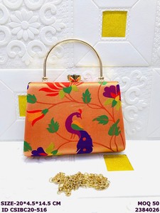 Luxury <b>Peacock</b> Print Silk Clutch <b>Bag</b> with Metal Handle | Designer Wedding Evening Handbag for Women | Indian Ethnic Party Purse - Product Image 5