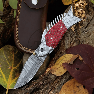 มีดพับพกพาสำหรับตั้งแคมป์ ดามัสกัส พรีเมียม ดีไซน์ปลายแหลม พร้อมปลอกหนังลายปลา งานแฮนด์เมด สำหรับกิจกรรมกลางแจ้ง รับผลิตแบบ OEM ODM รุ่น TARJ-9934 - Product Image 2