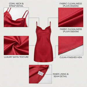 Vestido Sexy para Mujer, Talla Grande, Rojo, 100% Seda Satén, Cuello en V, Sin Mangas, Holgado, Corto, Bordado, Ecológico, Cintura Elástica, Ropa de Estar por Casa - Product Image 6