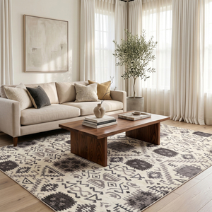 Alfombra de Lana Hecha a Mano con Diseño Tribal Geométrico en Color Carbón, Ecológica, Antideslizante, de Pelo Grueso, con Patrón de Símbolos en Negro/Gris para Sala de Estar - Product Image 2