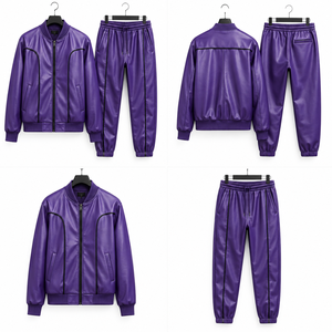 Ensemble veste et pantalon élégant pour homme en polyester/coton avec col montant, logo frontal et fermeture éclair, idéal pour un style décontracté et résistant au vent au printemps - Product Image 1