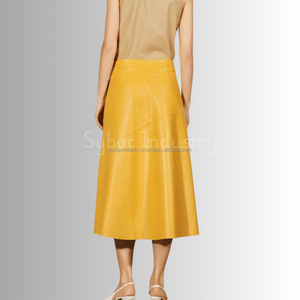 Jupe longue élégante en cuir de mouton véritable plaqué pour femmes, grande taille, occasion de bureau avec décoration plissée, taille naturelle - Product Image 3