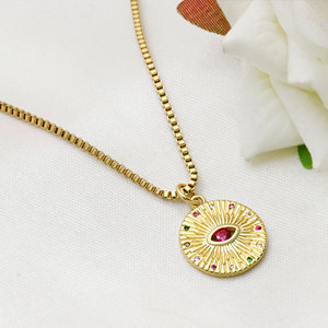 925 Sterling Silver Gold Plated Sunburst Evil Eye Pendant <b>Necklace</b> <b>Pink</b> CZ Medallion Box Chain Wholesale Jewelry - Product Image 6