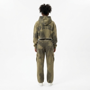 Custom Women Olive Green Acid Wash <b>Cropped</b> Hoodie Cargo <b>Jogger</b> Set Cotton Fleece Streetwear Tracksuit OEM Wholesale - Product Image 2
