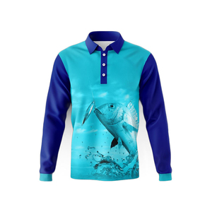 เสื้อโปโลตกปลาผู้ชายแบบสั่งทำ ลายหัวใจ พิมพ์ลายดิจิทัล แขนยาว UPF 50 โพลีเอสเตอร์ 100% 140 กรัม รับผลิตแบบ OEM - Product Image 1