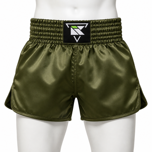 Shorts de boxe thaïlandaise en satin vert olive pour hommes avec logo imprimé sur le devant pour l'entraînement et la compétition de Muay Thai et de kickboxing - Product Image 1