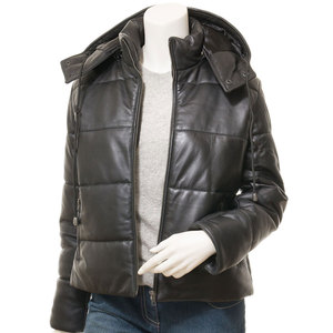 Women Genuine <b>Leather</b> Quilted <b>Jacket</b> Hooded Zipper Closure Full Sleeve Winter Solid Color <b>Jacket</b> Custom Logo Manufacturer - Product Image 3