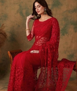 KV Embroidered, Embellished Bollywood Net <b>Saree</b> (<b>Red</b>) - Product Image 3