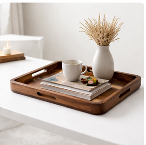 Premium <b>Wood</b> Serving Tray With Handle Large Rectangular Wooden Platter For Breakfast In <b>Bed</b> Coffee Table Decor Kitchen Organizer - Product Image 3