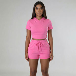 Conjunto de Dos Piezas para Mujer, Top Corto con Capucha de Manga Corta Rosa Sólido y Pantalones Cortos con Cordón, Ropa al por Mayor OEM ODM - Product Image 1