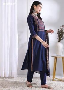 New Arrival Rayon Slub with Printed-Yoke Design & 3/4 Sleeve Straight Kurti-Elastic Pant-Chanderi Dupatta Set Indian Exporter - Product Image 3