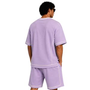 Ensemble T-shirt et short oversize pour homme Lilac avec passepoil contrastant beige, logo personnalisé, col rond, style streetwear décontracté, fabricant en gros - Product Image 2