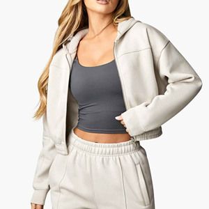 <b>Cropped</b> Hooded <b>Zip</b>-<b>Up</b> Sweatshirt Solid Color Oversized Fit Casual French Terry Unisex Autumn Wear - Product Image 4