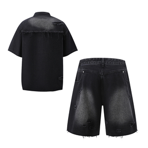 Conjunto de camisa y pantalones cortos de mezclilla para hombre, informal, de verano, desgastado, de algodón, de dos piezas, con cuello vuelto - Product Image 3