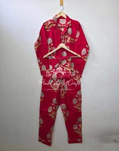Premium Cotton Red Block Printed Pajama Set for Women Summer Autumn Spring Breathable Quick-Dry Elegant Luxury Full-Sleeve - Product Image 4