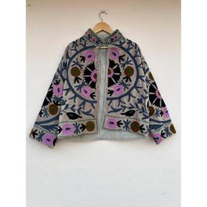 Handmade Cotton Suzani Design Autumn Winter <b>Bomber</b> <b>Jacket</b> with Embroidery - Product Image 1