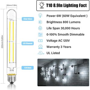 Lampadine LED Dimmerabili 8.9 Pollici AC 120V Base E26 6W 800LM 5000K Luce Diurna Bianca T10 T9 Stile Vintage Edison Equivalente a 80 Watt Trasparente 6W 800LM 5000K - Product Image 4