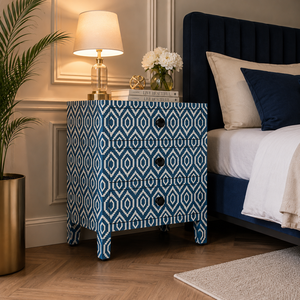Handmade Durable Blue Patterned Wooden Nightstand with 2 Drawers Modern Design for Hotel & Dining Rooms Bedroom Storage - Product Image 2